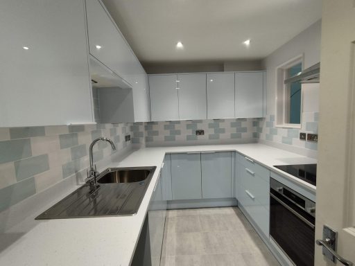 Modern kitchen with blue and white cabinetry, a sink, and stainless steel appliances.